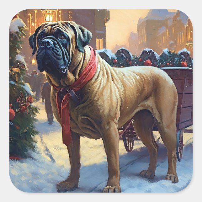 Pegatina Cuadrada Temporada festiva de Navidades de bullmastiff (Anverso)