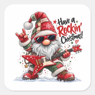 Pegatina Cuadrada Tenga un gnomo de guitarra de Navidad rockera