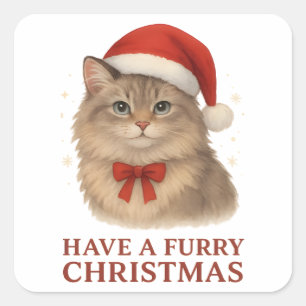 Pegatina Cuadrada Tenga una Navidad Peluda Gatito Siberiano Lindo Sa