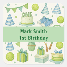 Pegatina Cuadrada Tenis 1er cumpleaños para Boy Blue y verde temátic