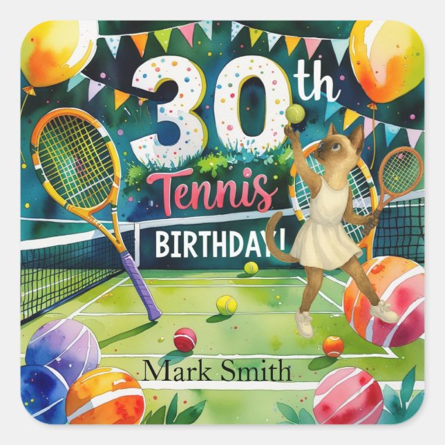 Pegatina Cuadrada Tenis 30 años para los amantes del gato siamés (Anverso)