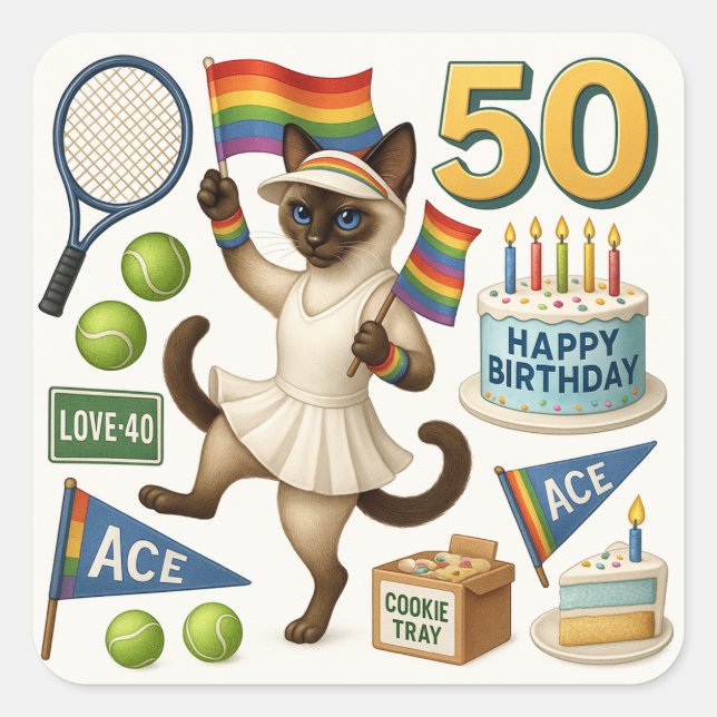Pegatina Cuadrada Tenis 50 años para los amantes del gato (Anverso)