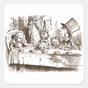 Pegatina Cuadrada Tenniel Sepia, un loco Fiesta de té