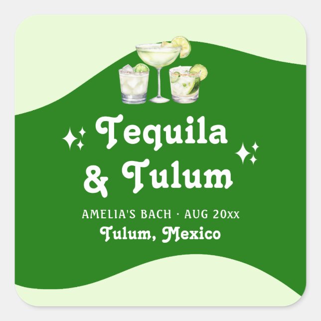 Pegatina Cuadrada Tequila & Tulum Despedida de Soltera Verde Lima Cí (Anverso)