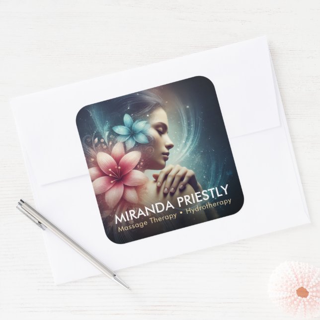 Pegatina Cuadrada Terapia Masajista Manos Curadoras Energía Spa Well (Sobre)