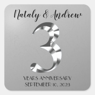 Pegatina Cuadrada Tercer Aniversario de Boda Plateado Metálico