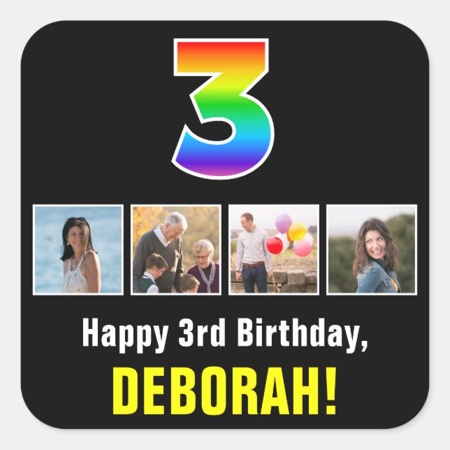 Pegatina Cuadrada Tercer cumpleaños: Arcoiris "3"; fotos y nombre de (Anverso)