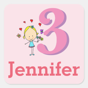Pegatina Cuadrada Tercer cumpleaños, tres años, niña