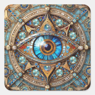 Pegatina Cuadrada Tercer Ojo - Mandala de Oro Azul Turquesa