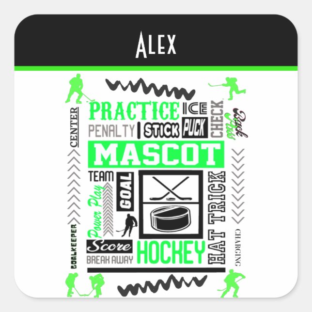 Pegatina Cuadrada Terminología de hockey masculino personalizada Neo (Anverso)