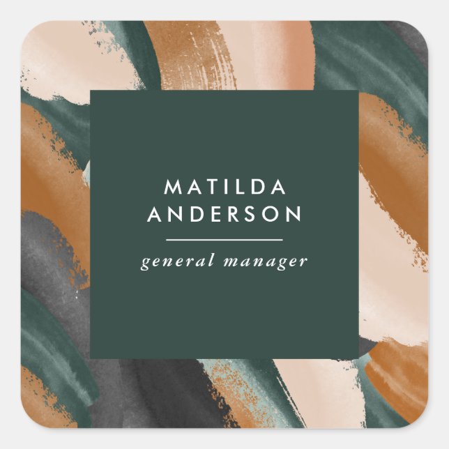 Pegatina Cuadrada Terracota, abstracto verde pintado mínimo moderno (Anverso)