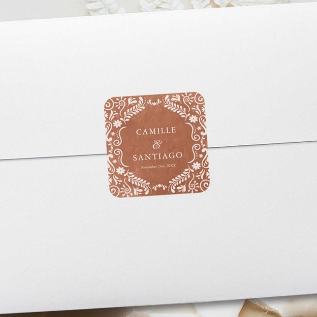 Pegatina Cuadrada Terracota Boda mexicano Papel Picado (Mexican Talavera Wedding envelope seal)