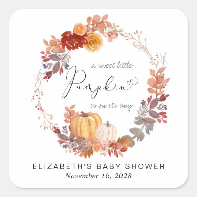 Pegatina Cuadrada Terracota Pumpkin Watercolor Baby Shower (Anverso)
