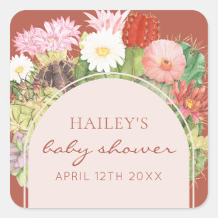 Pegatina Cuadrada Terracotta Boho Bloom Cactus Baby Shower