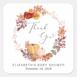 Pegatina Cuadrada Terracotta Calabaza Wreath Baby Shower Gracias
