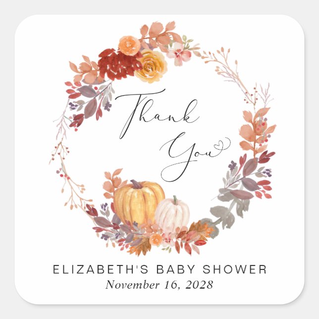 Pegatina Cuadrada Terracotta Calabaza Wreath Baby Shower Gracias (Anverso)