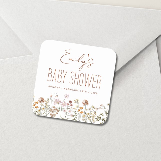 Pegatina Cuadrada Terracotta Flor Silvestre Boho Baby Shower En Bloo (Subido por el creador)
