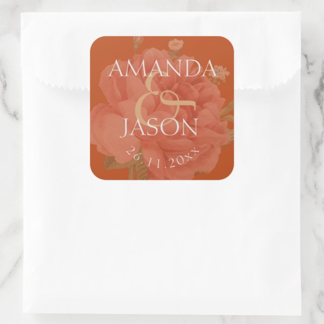 Pegatina Cuadrada Terracotta Rust Floral Cute Boda (Bolso)