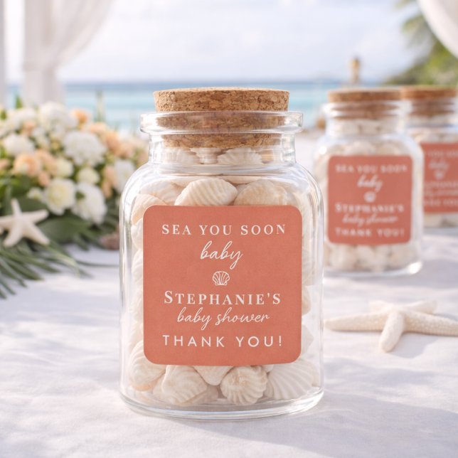 Pegatina Cuadrada Terracotta Sea You Soon Thank You Baby Shower (Subido por el creador)