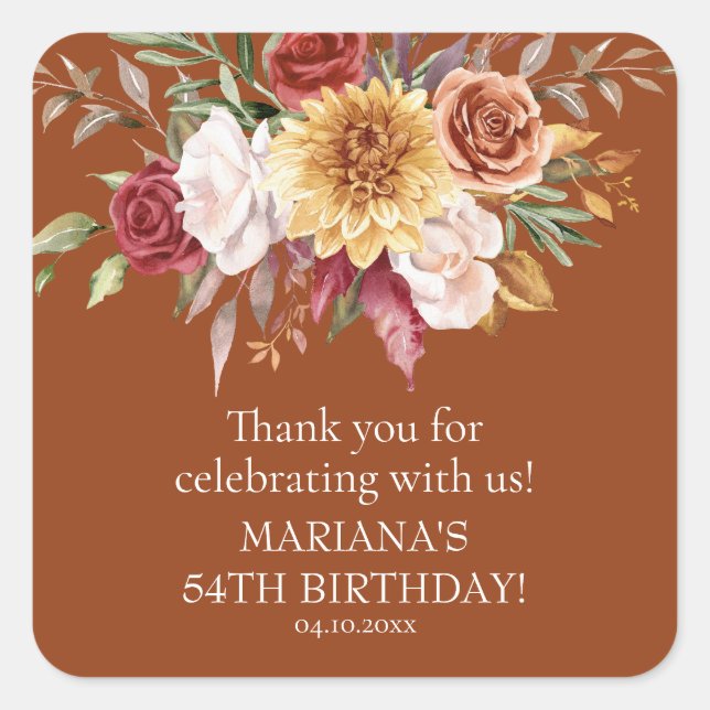 Pegatina Cuadrada TerracottaFall Foliage Cumpleaños Party Favor (Anverso)