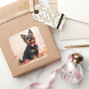 Pegatina Cuadrada Terrier australiano con Rosas - El día de San Vale