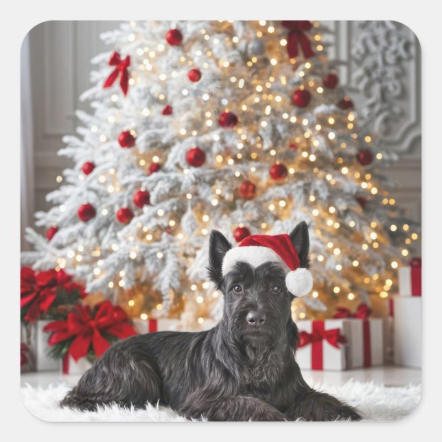 Pegatina Cuadrada Terrier escocés por árbol de Navidad (Anverso)