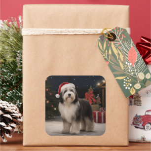 Pegatina Cuadrada Terrier Tibetano en Navidad con nieve