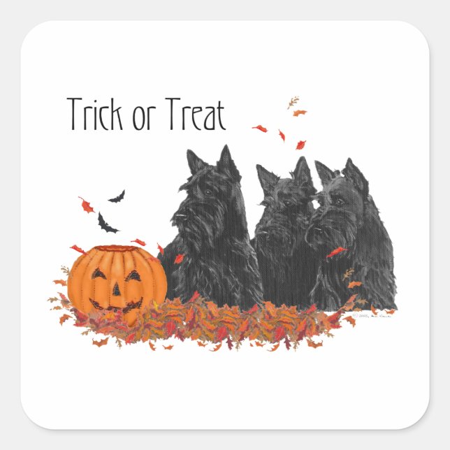 Pegatina Cuadrada Terriers Escoceses Halloween (Anverso)