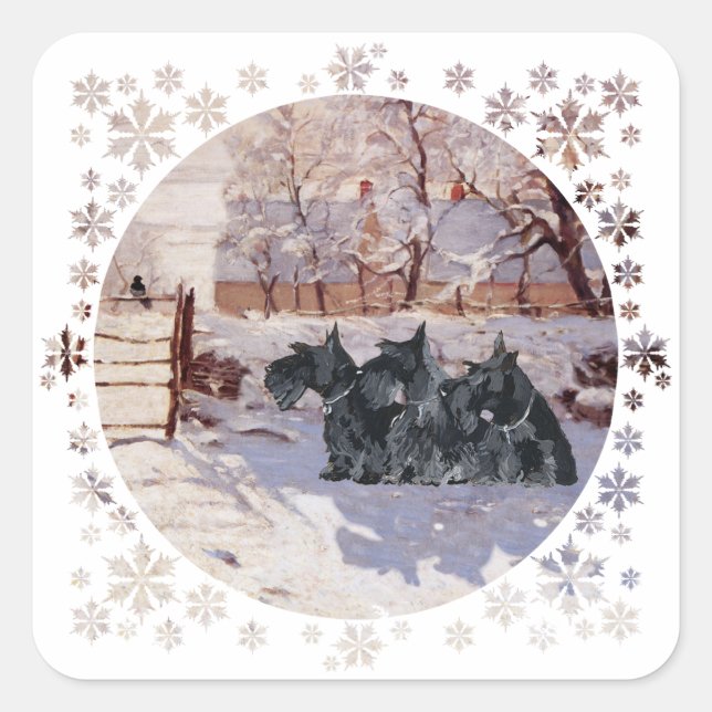 Pegatina Cuadrada Terriers Escoceses Magpie de Invierno (Anverso)