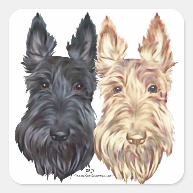 Pegatina Cuadrada Terriers Escoceses Negros y Trigo (Anverso)
