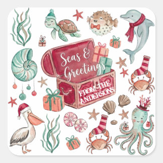 Pegatina Cuadrada Tesoro Oceánico Mares y Saludos Navidad Costera