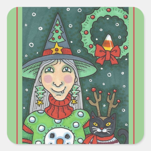 PEGATINA CUADRADA TESTIGO EN SUDOR DE NOMUJER, GATO NEGRO XMAS HALLO (Anverso)