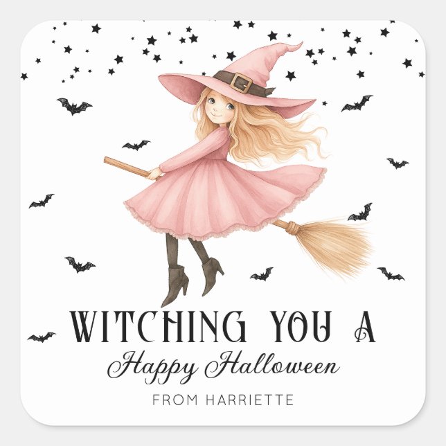 Pegatina Cuadrada Testigo Una feliz Bruja de Halloween (Anverso)