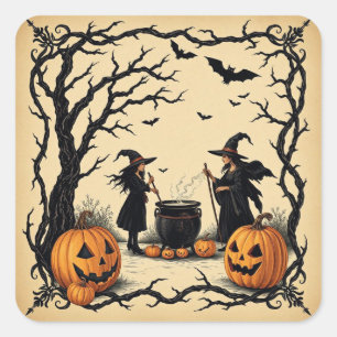 Pegatina Cuadrada Testigos de Halloween vintage, brujas de Halloween