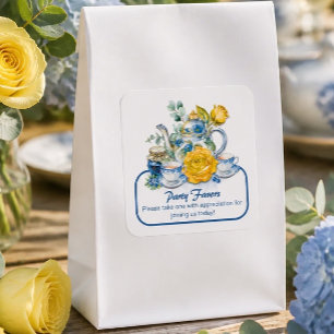 Pegatina Cuadrada Tetera de Té Azul y Blanco Chinoiserie Rosas Fiest