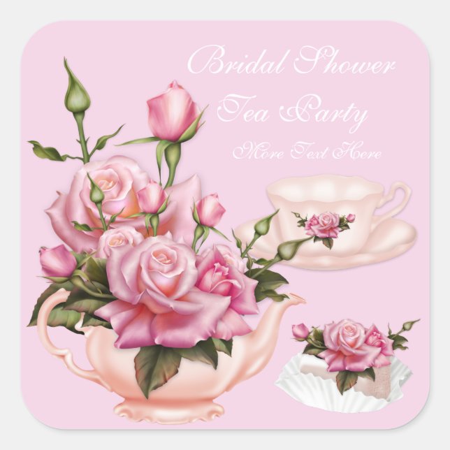 Pegatina Cuadrada Tetera floral de rosa rosa para fiesta de despedid (Anverso)