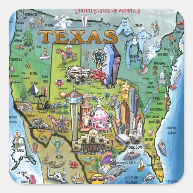 Pegatina Cuadrada Texas USA Map (Anverso)