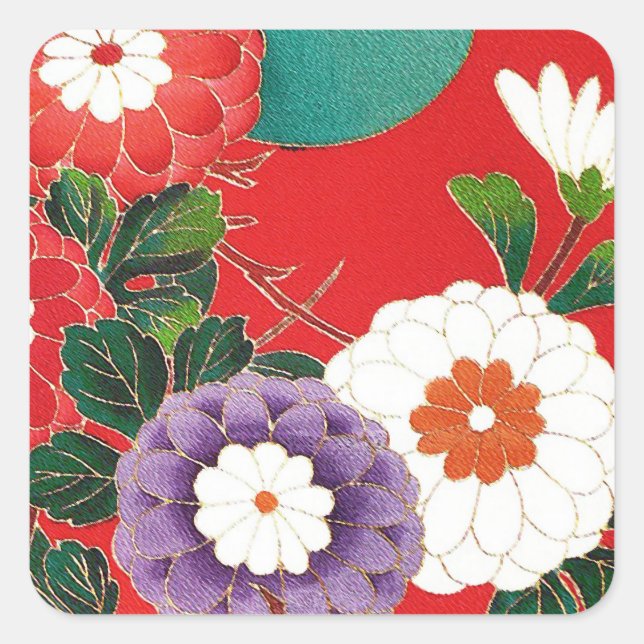 Pegatina Cuadrada Textil japonés vintage - Dahlias rojas (Anverso)