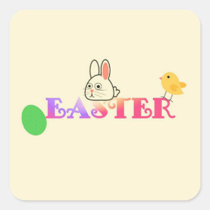 Pegatina Cuadrada Texto, conejito y moda Tema de Pascua