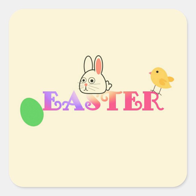 Pegatina Cuadrada Texto, conejito y moda Tema de Pascua (Anverso)