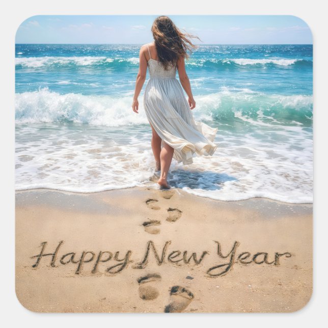 Pegatina Cuadrada Texto de Feliz Año Nuevo con Beachwalker (Anverso)