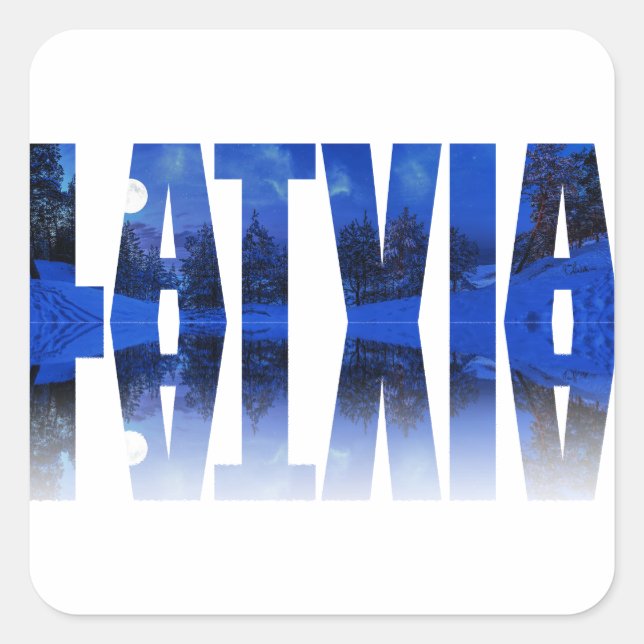 Pegatina Cuadrada Texto de la noche de invierno de Letonia con refle (Anverso)