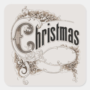 Pegatina Cuadrada Texto de Navidad Vintage con borde ornamentado