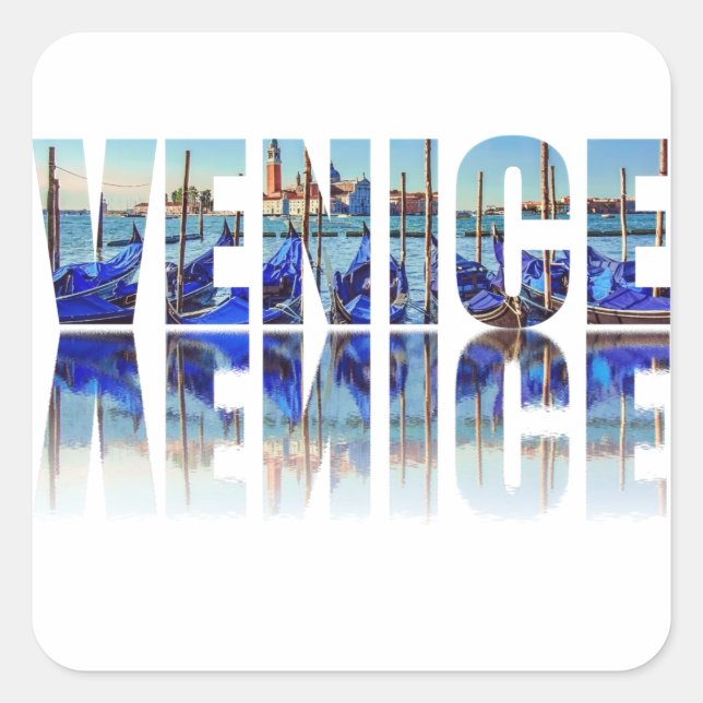 Pegatina Cuadrada Texto de Venecia con reflexión (Anverso)