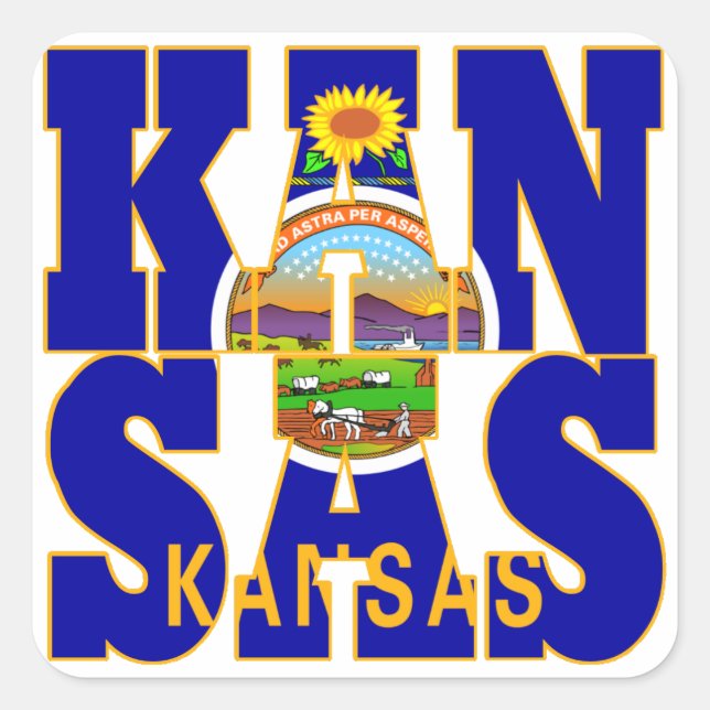 Pegatina Cuadrada Texto del indicador de estado de Kansas (Anverso)