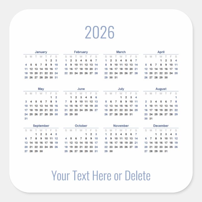 Pegatina Cuadrada Texto del Personalizado 2026 en el calendario mens (Anverso)