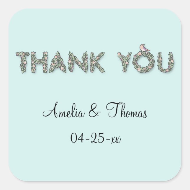 Pegatina Cuadrada Texto floral de agradecimiento personalizado (Anverso)