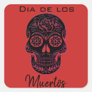Pegatina Cuadrada Texto personalizado Calavera de azúcar negro/rojo/
