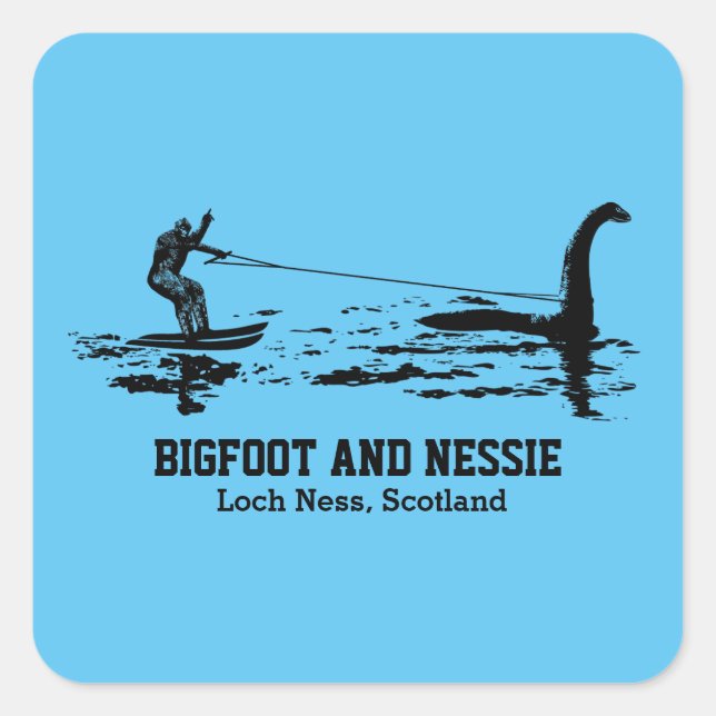 Pegatina Cuadrada Texto personalizado de Bigfoot y Nessie Loch Ness (Anverso)