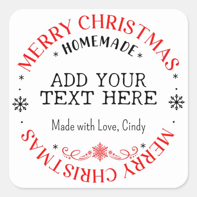 Pegatina Cuadrada Texto personalizado de Feliz Navidad Hecho a mano  (Anverso)
